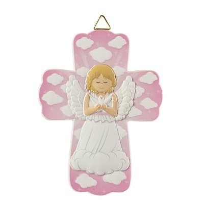 Cruz decorativa rosa com anjo e nuvens brancas