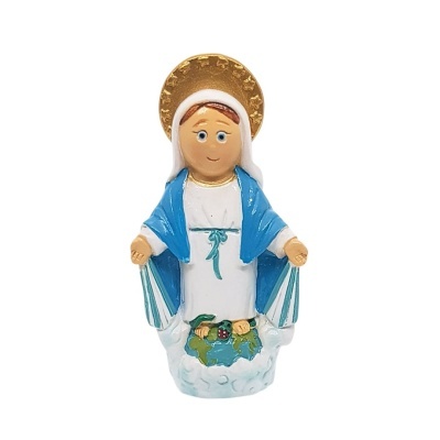 Estatueta da Virgem Maria com manto azul e auréola dourada