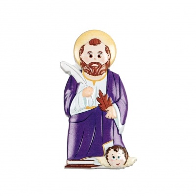 Figura decorativa de santo com hábito roxo e anjo aos pés