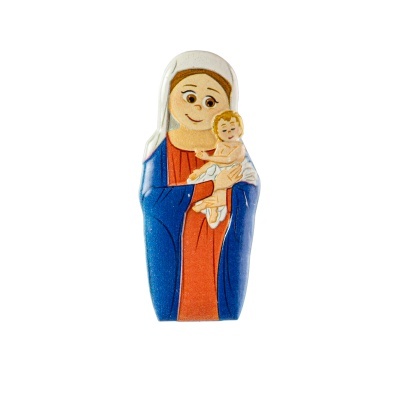 Figura decorativa da Virgem Maria com o menino Jesus em estilo ilustrado