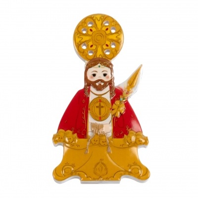 Figura religiosa cerâmica em túnica vermelha com auréola dourada