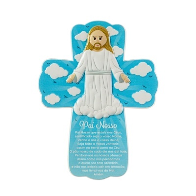 Cruz decorativa azul com figura de Jesus e texto do Pai Nosso