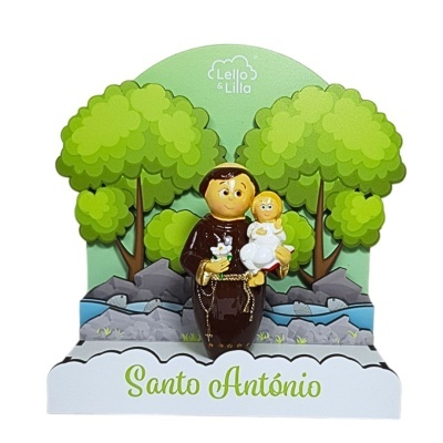 Figura decorativa de Santo António em madeira pintada com fundo ilustrado