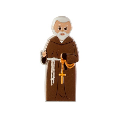 Figura decorativa de um santo com hábito castanho e rosário