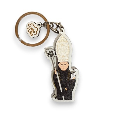 Porta-chaves figura religiosa com manto preto e mitra branca