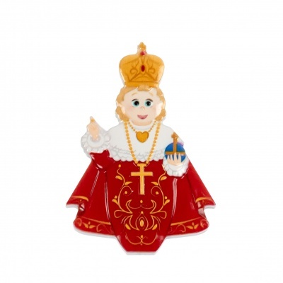 Figura religiosa decorativa de criança com capa vermelha e coroa dourada