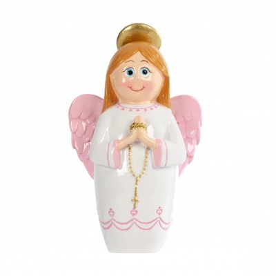 Figurinha de anjo decorativo em cerâmica com vestido branco e asas cor-de-rosa