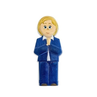 Figura de brinquedo loira com fato azul e camisa branca