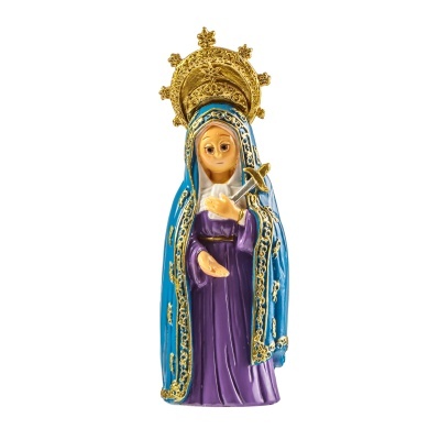 Estátua religiosa de Nossa Senhora vestida de roxo e azul com detalhes dourados