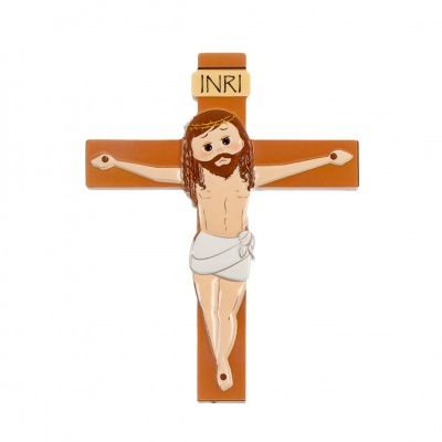 Crucifixo decorativo de cerâmica com Jesus e placa INRI