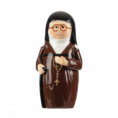 Figura decorativa de freira em cerâmica com hábito castanho e véu preto