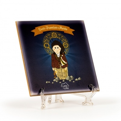 Azulejo com desenho de Santo Francisco Marto e texto decorativo.