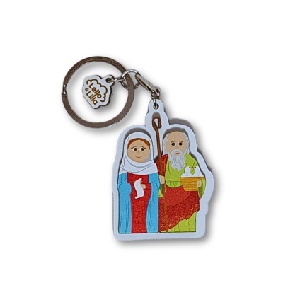 Chaveiro colorido com desenho de duas figuras bíblicas em material plástico com argola metálica