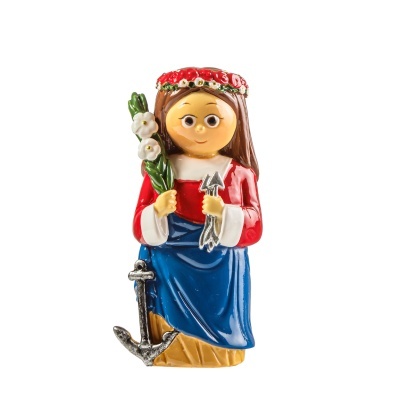 Figura decorativa de mulher com âncora e flores em vestido azul e camisola vermelha