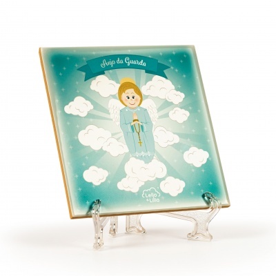 Azulejo com ilustração de anjo da guarda e texto 
