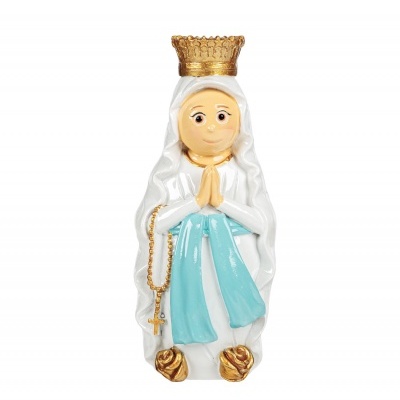 Estátua religiosa branca com manto azul e coroa dourada