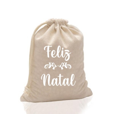 Saco de tecido bege com texto branco Feliz Natal