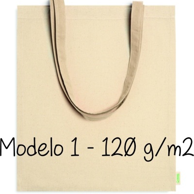 Sacola de tecido bege com alças longas e texto 'Modelo 1 - 120 g/m2'