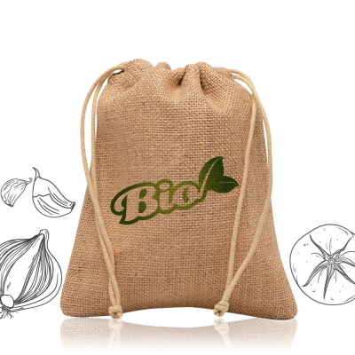 Saco de juta castanho com cordões e logo Bio verde