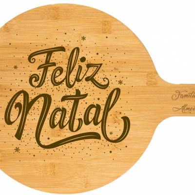 Tábua redonda de cortiça com cabo e mensagens natalícias gravadas