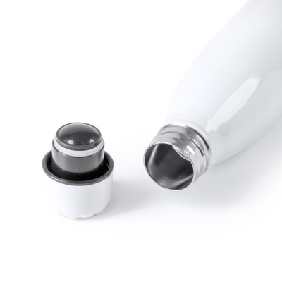 Garrafa térmica metálica branca com tampa destacada preta e branca