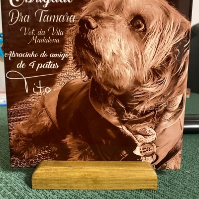 Caixa decorativa com fotografia de cão castanho claro e texto de agradecimento em português