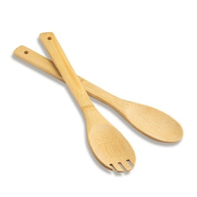 Utensílios de cozinha de bambu, garfo e colher com cabo furo