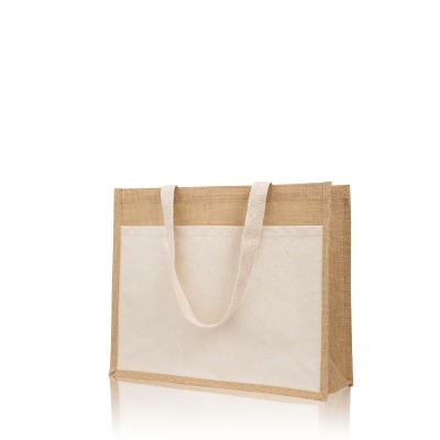 Saco de compras de juta castanho e creme com bolso exterior e alças longas