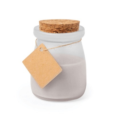 Frasco de vidro fosco com tampa de cortiça e etiqueta pendurada