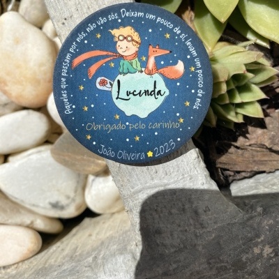 Autocolante redondo azul com ilustração de menino e raposa e texto em português, colocado sobre pedra clara com pedras brancas e plantas verdes ao redor