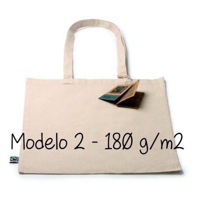 Mala de tecido bege claro com alças e etiqueta de cartão, texto Modelo 2 - 180 g/m2