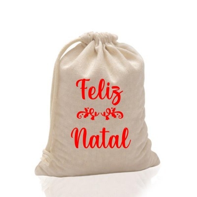 Saco de tecido cru com texto vermelho Feliz Natal
