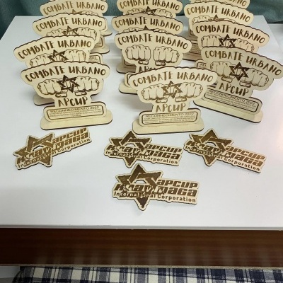 troféus e logótipos em madeira com textos COMBATE URBANO e APCUP numa mesa branca
