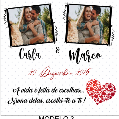 Cartão personalizado com fotos de casal, nomes Carla e Marco, data e frase sentimental com coração vermelho