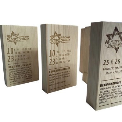 Placas retangulares de madeira com inscrições gravadas e logo APCUP reconhecimentos