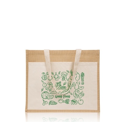 Sacola de juta e algodão com ilustração verde de frutas e legumes e texto GOOD FOOD