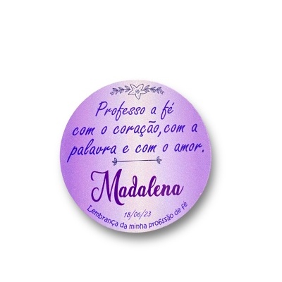 Botão roxo com texto em português sobre profissão de fé