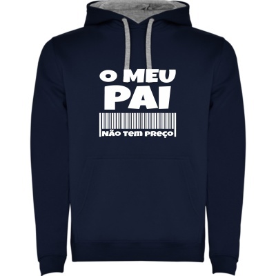 Sweatshirt azul escuro com texto branco O MEU PAI NÃO TEM PREÇO e código de barras