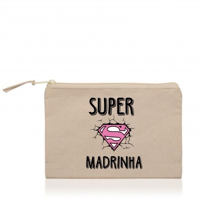 Necessaire bege em tecido com fecho zip e estampado 'SUPER MADRINHA'