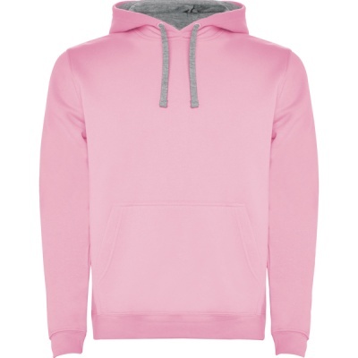 Sweatshirt rosa com capuz cinzento e cordões