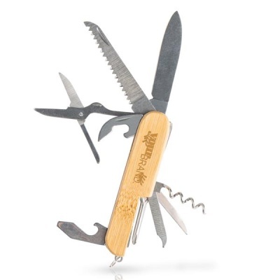 Canivete multiusos com cabo de madeira clara e várias lâminas de metal