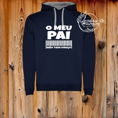 Sweatshirt azul escuro com capuz cinzento e estampado branco