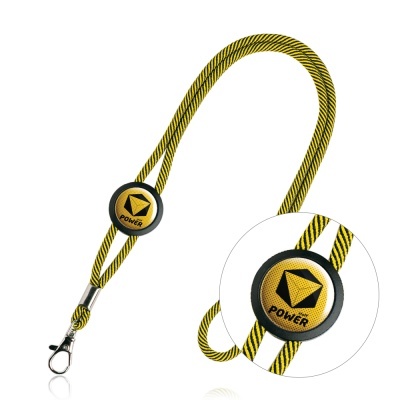 Cordão listrado amarelo e preto com botão POWER e gancho metálico