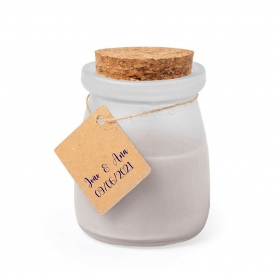 Frasco de vidro branco com tampa de cortiça e etiqueta personalizada