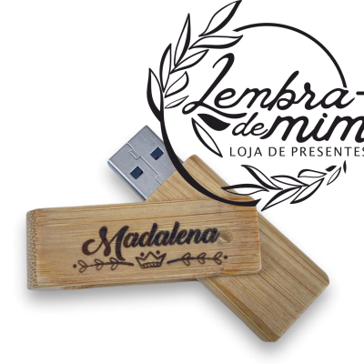 Pen USB de madeira com gravação 'Madalena' e logo da loja 'Lembra-te de mim'