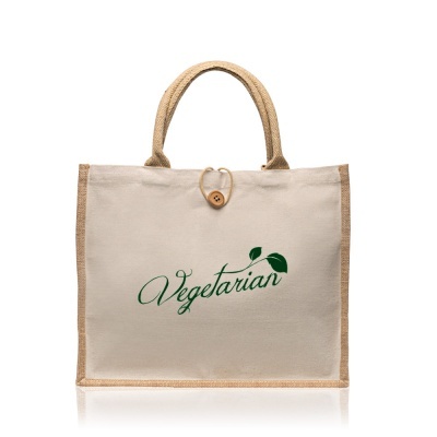 Saco de compras creme com alças de corda e texto 'Vegetarian' verde.