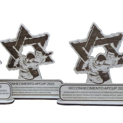 Quatro troféus de metal em forma de estrela com base branca e texto RECONHECIMENTO APLICUP 2023