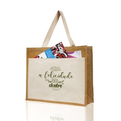 Saco de compras em juta bege com bolso creme e texto em verde