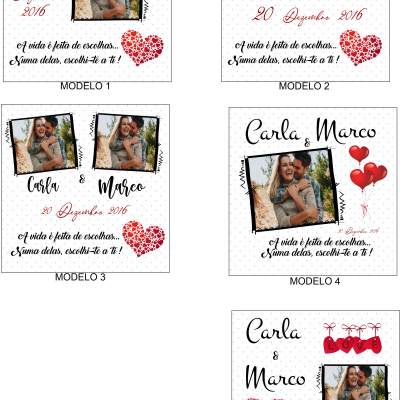 Cartões de casamento personalizados com nomes, fotos de casal, data e elementos gráficos de corações e balões vermelhos