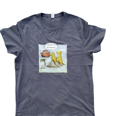 T-shirt cinzenta com estampa de dois dinossauros amarelos e texto numa fala